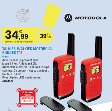 Offre: TALKIES-WALKIES MOTOROLA ROUGES T42