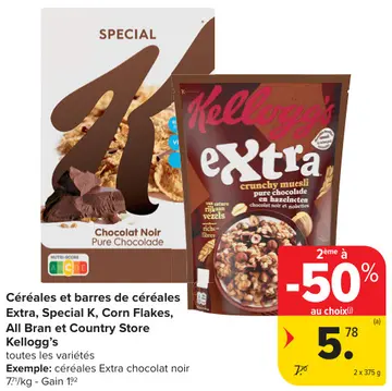 Offre: Céréales et barres de céréales Extra, Special K, Corn Flakes, All Bran et Country Store