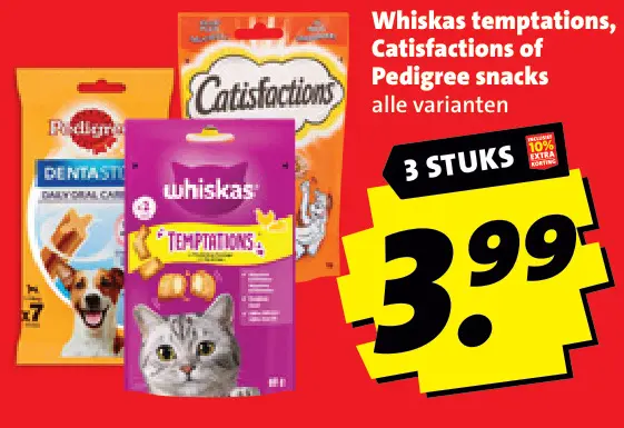 Aanbieding: Whiskas temptations, Catisfactions of Pedigree snacks