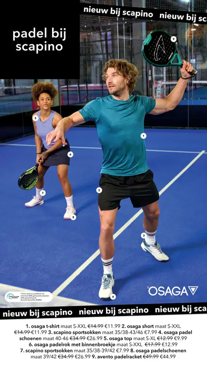 Aanbieding: Osaga t-shirt, short, sportsokken, padel schoenen, top of rok met binnenbroekje