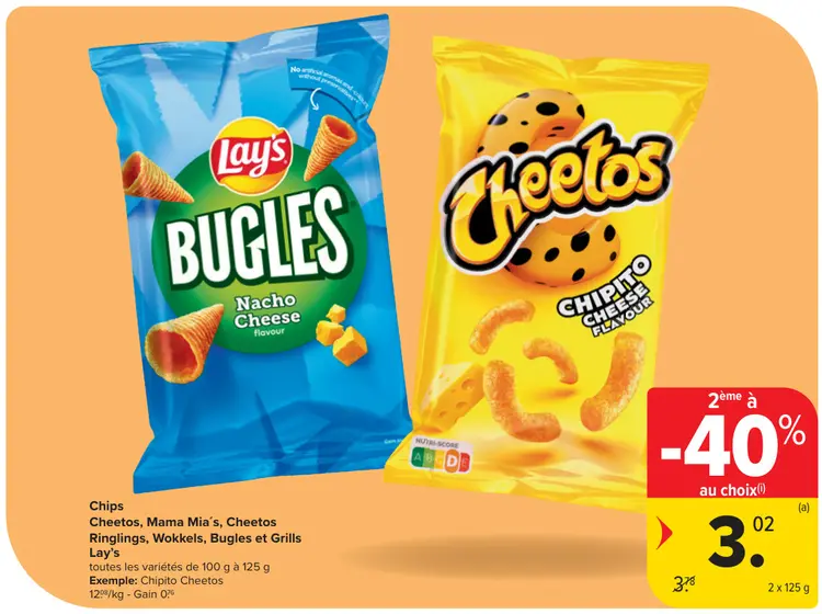 Offre: Chips Cheetos, Mama Mia's, Cheetos Ringlings, Wokkels, Bugles et Grills