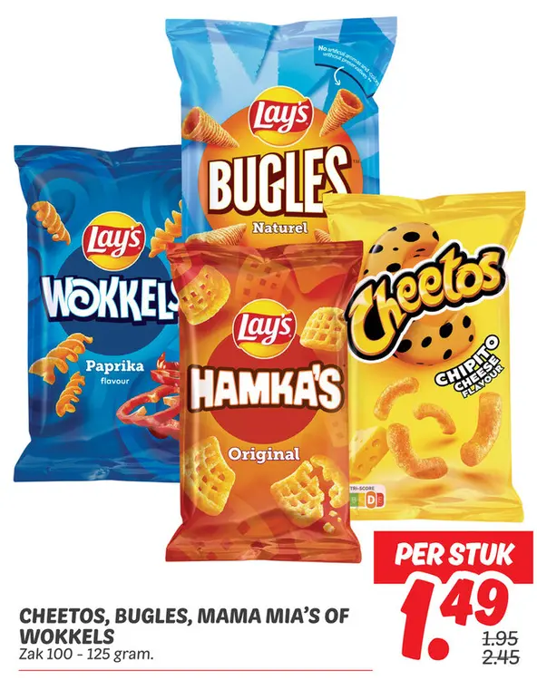 Aanbieding: Cheetos, bugles, mama mia's of wokkels