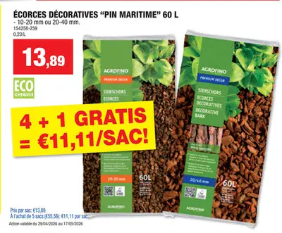 Offre: Agrofino Premium Decor écorces décoratives 10-20 mm 60l pinus maritima