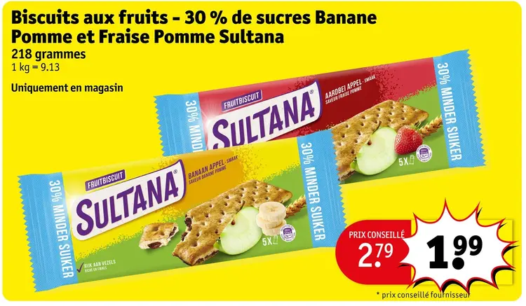 Offre: Biscuits aux fruits - 30% de sucres Banane Pomme et Fraise Pomme