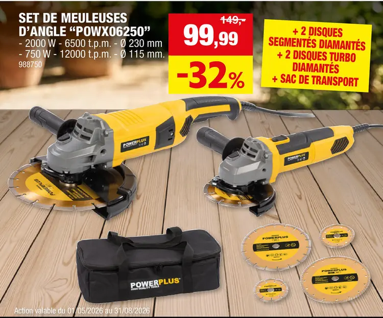 Offre: Powerplus POWX06250 meuleuse d'angle 2000W 230mm + 750W 115mm