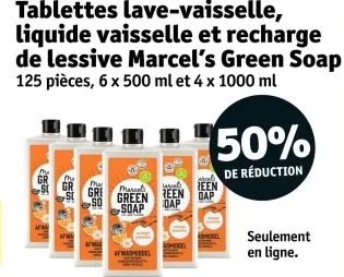 Offre: Tablettes lave-vaisselle, liquide vaisselle et recharge de lessibe marcel's green soap