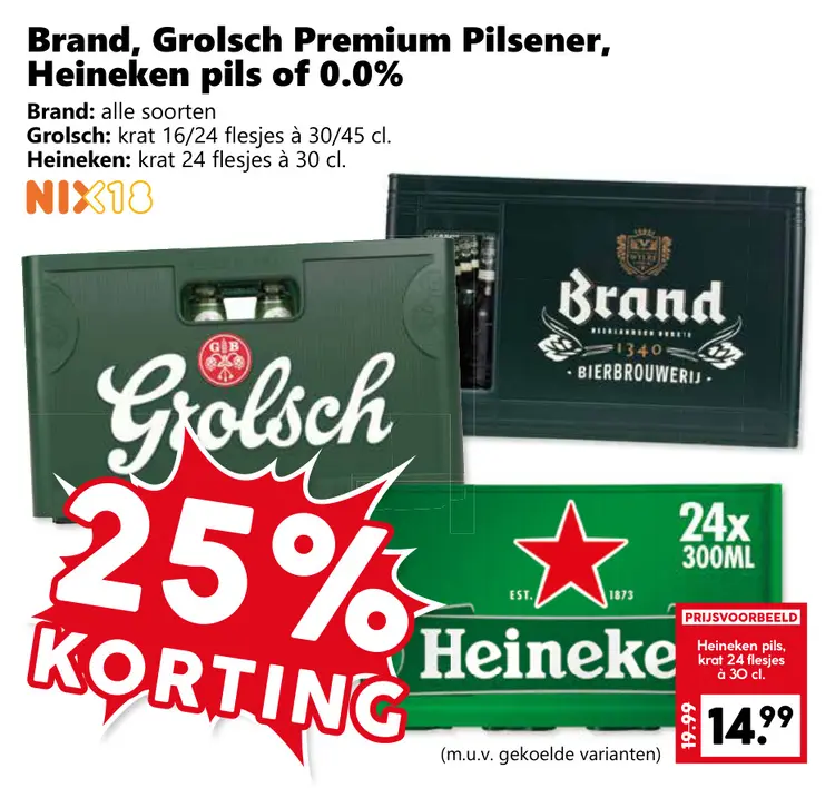 Aanbieding: Brand, Grolsch Premium Pilsener, Heineken pils or 0.0%