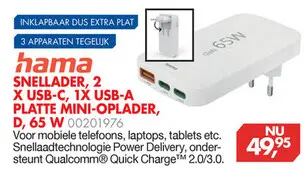 Aanbieding: Snellader, 2 x usb-c, 1x usb-a platte mini-op