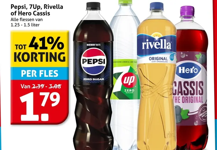 Aanbieding: Pepsi, 7Up, Rivella of Hero Cassis