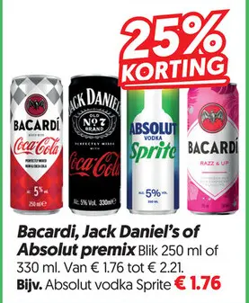 Aanbieding: Bacardi, Jack Daniel's of Absolut premix