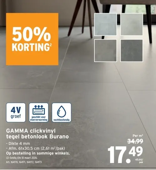 Promotie: GAMMA clickvinyl tegel betonlook Burano