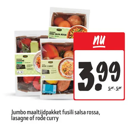 Aanbieding: Maaltijdpakket fusili salsa rossa, lasagne of rode curry