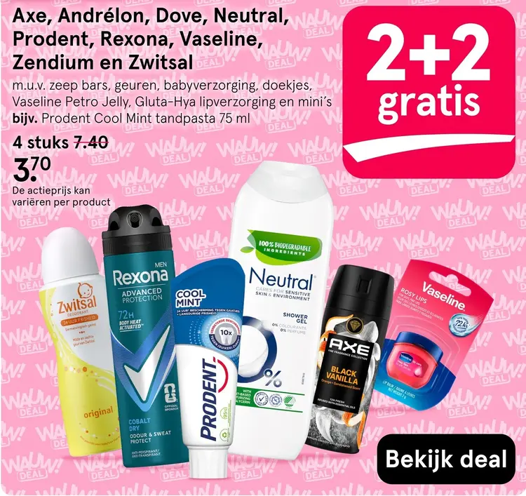 Aanbieding: Deodorant, douchegel, tandpasta, bodylotion en lipverzorging