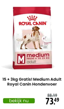 Aanbieding: 15 + 3kg Gratis! Medium Adult Royal Canin Hondenvoer