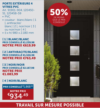 Offre: Promo Dépliant -50% Porte Extérieure 4 Carreaux Pvc Noire/blanche - D Vitrage Mat 980x2180mm