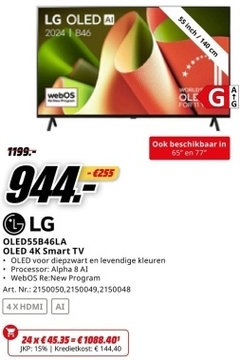 Aanbieding: LG OLED55B46LA OLED 4K Smart TV