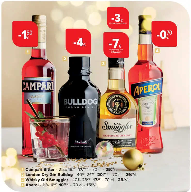 Promotie: Campari bitter, London Dry Gin Bulldog, Whisky Old Smuggler of Aperol