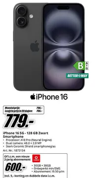 Aanbieding: iPhone 16 5G - 128 GB Zwart Smartphone