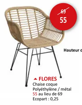Offre: Chaise coque Flores 58x62x81cm - polyethylène - naturel/noir