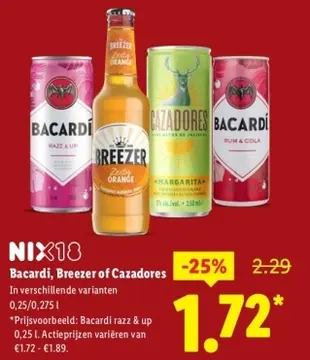 Aanbieding: Bacardi, Breezer of Cazadores
