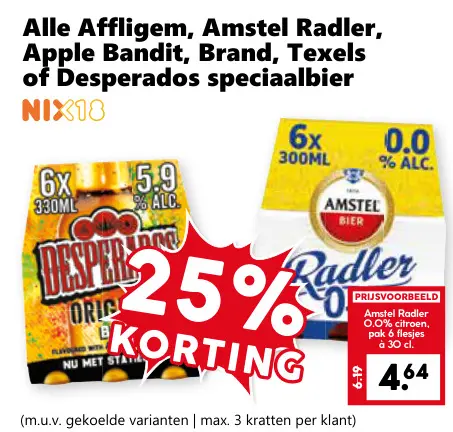 Aanbieding: Affligem, Amstel Radler, Apple Bandit, Brand, Texels of Desperados speciaalbier