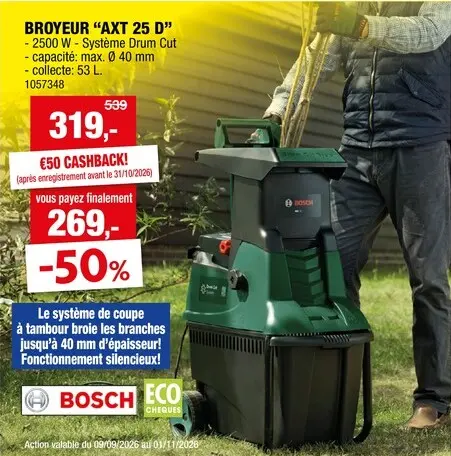 Offre: Bosch AXT 25 D broyeur silencieux 2500W
