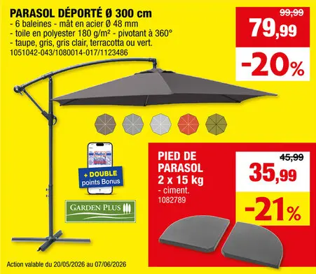 Offre: Garden Plus parasol déporté 3m 6 baleines taupe + pied