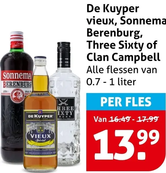 Aanbieding: Vieux, Sonnema Berenburg, Three Sixty of Clan Campbell