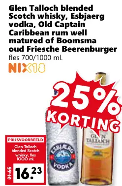 Aanbieding: Glen Talloch blended Scotch whisky, Esbjaerg vodka, Old Captain Caribbean rum well matured of Boomsma ou Friesche Beerenburger