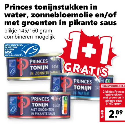 Aanbieding: Princes tonijnstukken in water, zonnebloemolie en/of met groenten in pikante saus