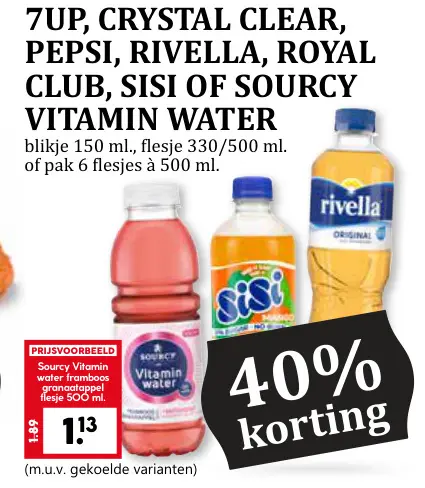 Aanbieding: 7UP, Crystal Clear, Pepsi, Rivella, Royal Club, Sisi of Sourcy Vitamin Water
