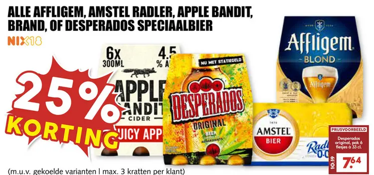 Aanbieding: Alle Affligem, Amstel radler, Apple Bandit, Brand of Desperados speciaalbier