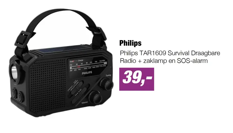 Aanbieding: Philips TAR1609 Survival Draagbare Radio + zaklamp en SOS-alarm