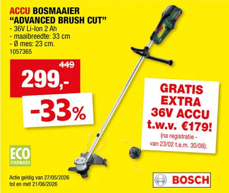 Promotie: Bosch AdvancedBrushCut 36V-23 accu bosmaaier 36V Li-Ion 33cm + lader