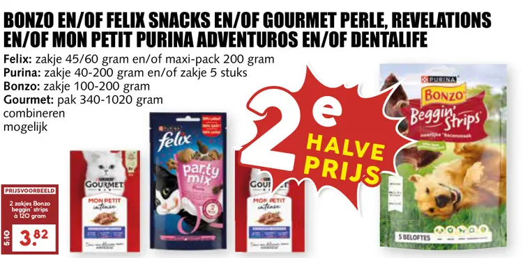 Aanbieding: Bonzo en/of FELIX snacks en/of GOURMET perle, Revelations en/of Mon Petit Purina Adventuros en/of Dentalife
