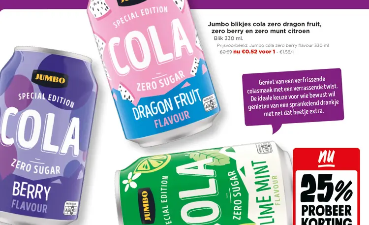 Promotie: blikjes cola zero dragon fruit, zero berry en Zero munt citroen
