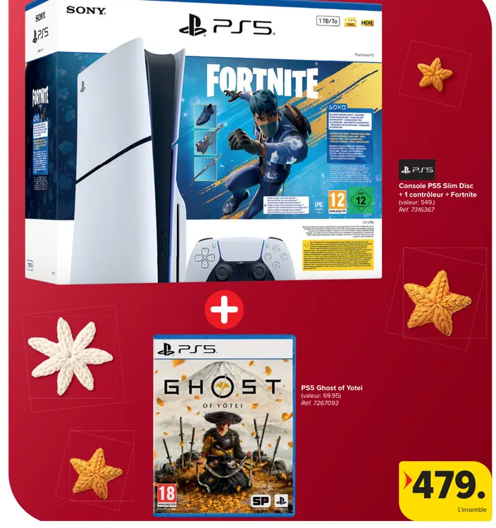 Offre: Console PS5 Slim Disc + 1 contrôleur + Fortnite