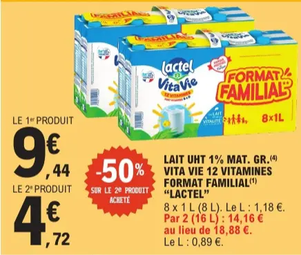 Offre: Lait uht 1% mat. gr. vita vie 12 vitamines fo