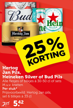 Aanbieding: Hertog Jan Pils, Heineken Silver of Bud Pils