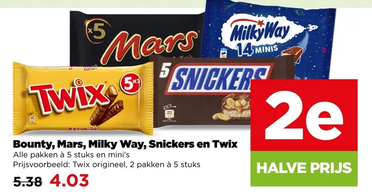 Aanbieding: Bounty, Mars, Milky Way, Snickers en Twix