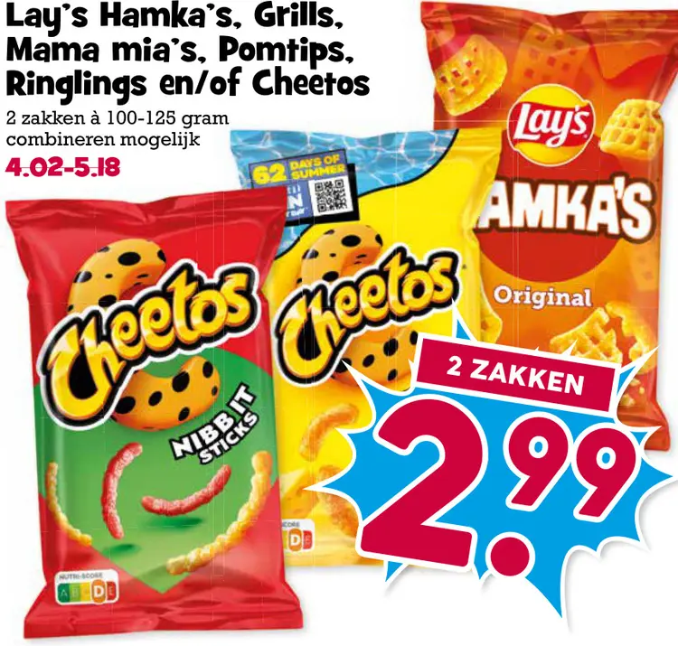 Aanbieding: Lay's Hamka's, Grills, Mama mia's, Pomtips, Ringlings en/of Cheetos