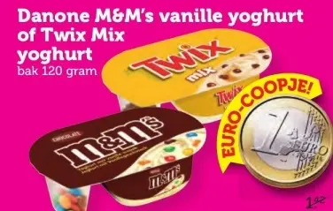 Aanbieding: Danone M&M's vanille yoghurt of Twix Mix yoghurt
