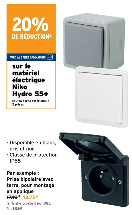 Offre: Prise bipolaire avec terre, pour montage en applique