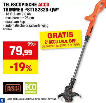 Promotie: Black+Decker ST182320-QW accu trimmer 18V Li-Ion 25cm