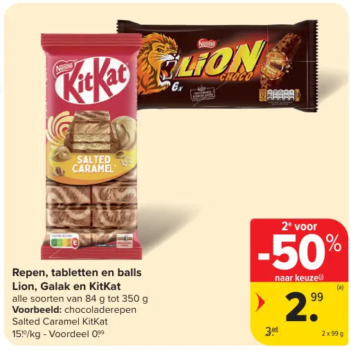 Promotie: Repen, tabletten en balls Lion, Galak en KitKat