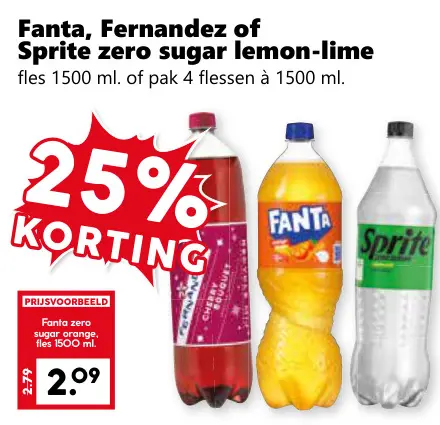 Aanbieding: Fanta, Fernandez of Sprite zero sugar lemon-lime