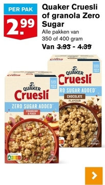 Aanbieding: Quaker Cruesli of granola Zero Sugar