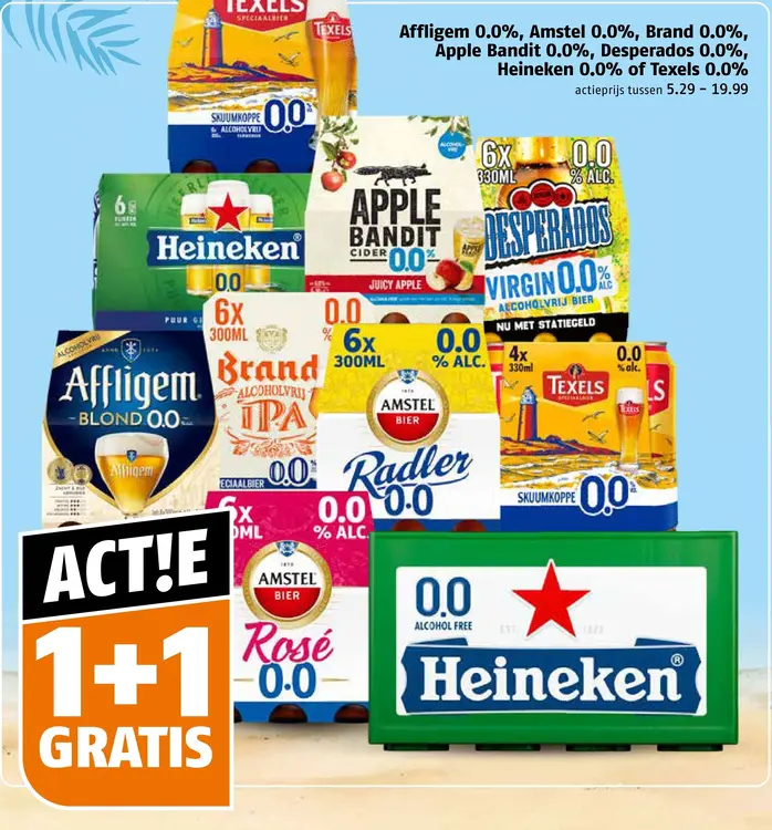 Aanbieding: Affligem 0.0%, Amstel 0.0%, Brand 0.0%, Apple Bandit 0.0%, Desperados 0.0%, Heineken 0.0% of Texels 0.0%