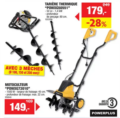 Offre: Powerplus POWXG50551 tarière thermique 52cc + 3 mèches