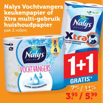 Aanbieding: Nalys Vochtvangers keukenpapier of Xtra multi-gebruik huishoudpapier